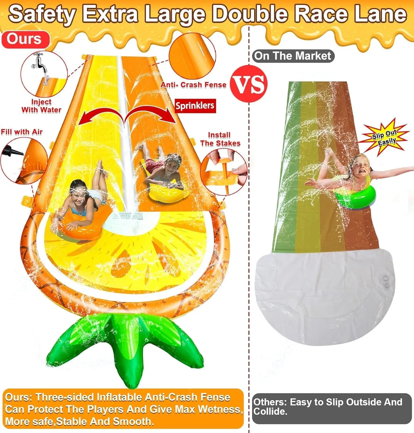[ 3 Sided Safe Fence ] Pineapple Lawn Water Slides with 2 Bodyboards for Kids Adults, Heavy Duty Water Toys Sprinkler 2 Race Lane Outdoor Summer Beach Swimming Pool Water Game Party, 20 x 5.6 ft