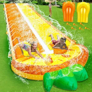 [ 3 Sided Safe Fence ] Pineapple Lawn Water Slides with 2 Bodyboards for Kids Adults, Heavy Duty Water Toys Sprinkler 2 Race Lane Outdoor Summer Beach Swimming Pool Water Game Party, 20 x 5.6 ft
