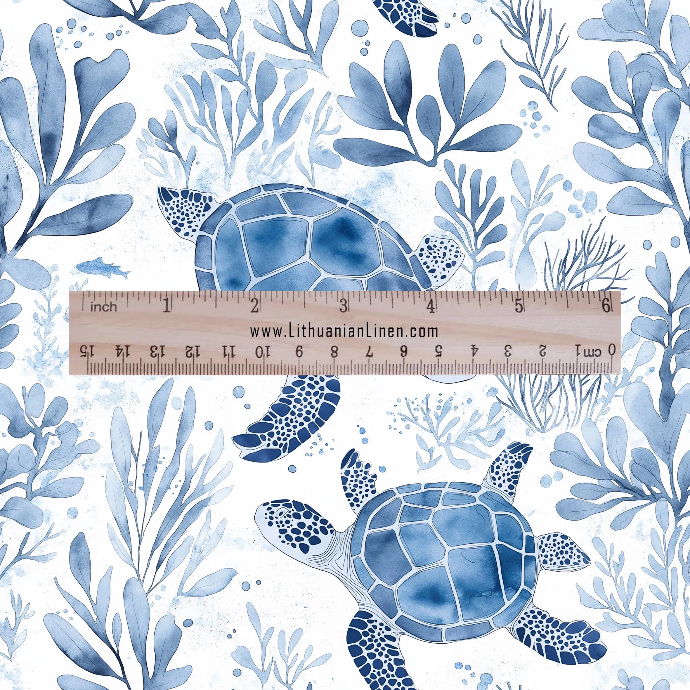 100% LINEN Fabric Toile de Jouy TURTLE in the see - Nautical 2270