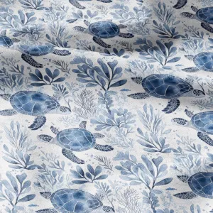 100% LINEN Fabric Toile de Jouy TURTLE in the see - Nautical 2270