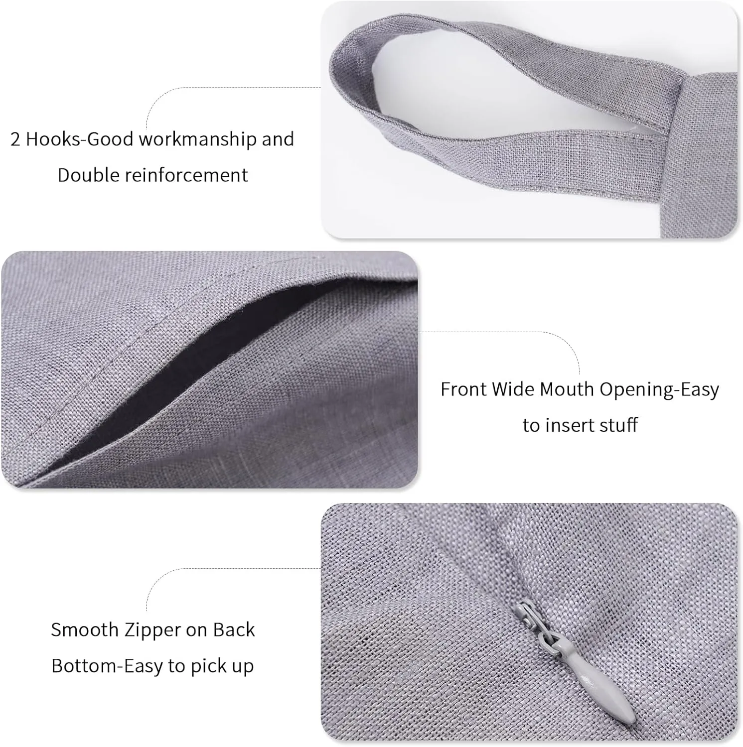 100% Pure Linen Hanging Laundry Bag with Bottom Zipper, Over The Door Laundry Hamper Space Saving Hampers for Dirty Clothes Home Travel, 19.7x27.5inches,Grey