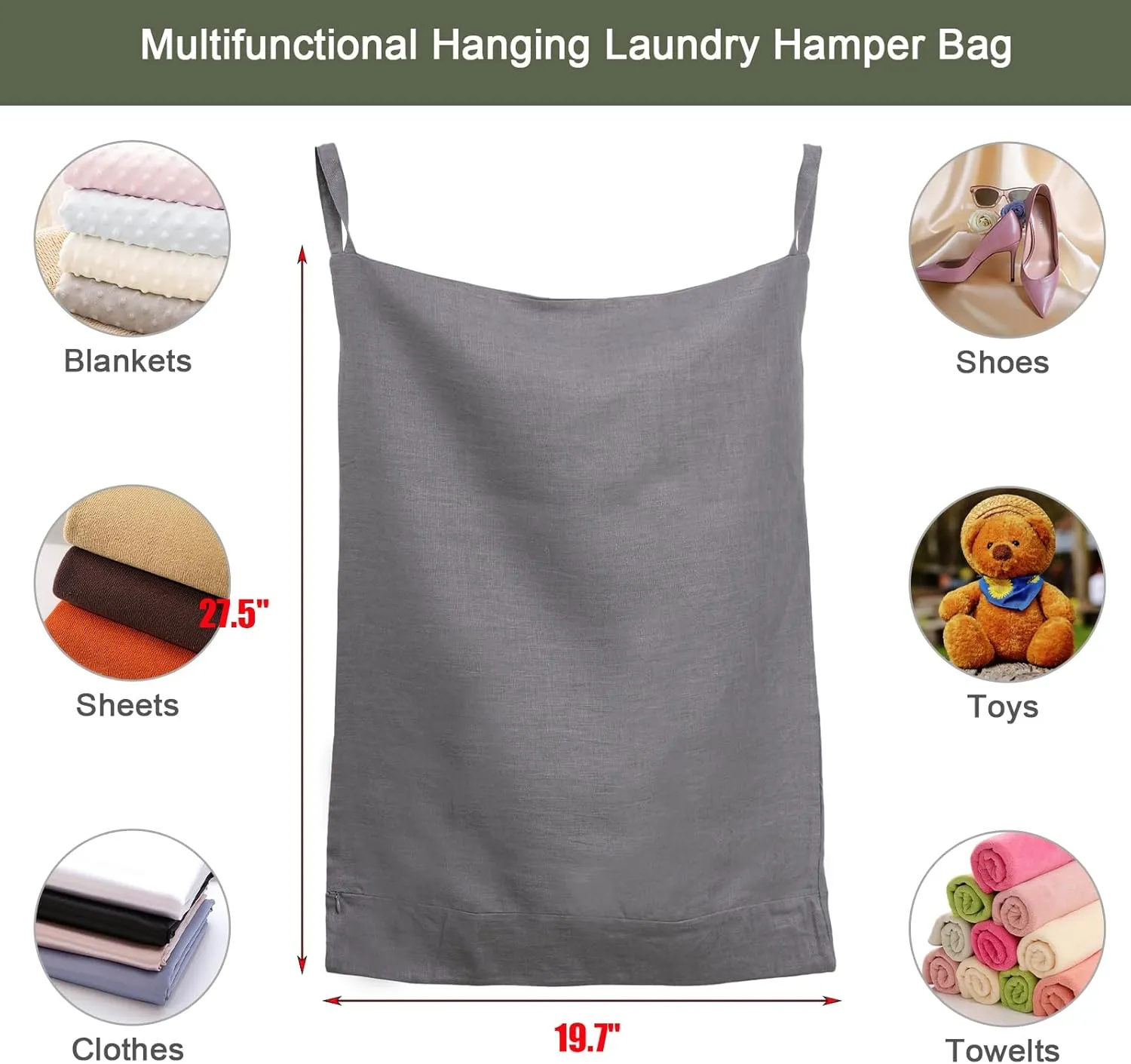 100% Pure Linen Hanging Laundry Bag with Bottom Zipper, Over The Door Laundry Hamper Space Saving Hampers for Dirty Clothes Home Travel, 19.7x27.5inches,Grey