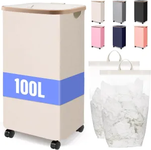 100L Movable Storage Basket Laundry Hamper With Wheels,Large Collapsible Rolling Laundry Basket,Dirty Clothes Hamper With Lid in Laundry Room Bedroom Bathroom College Dorm for Adults,BEIGE
