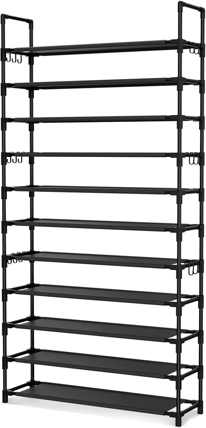 11 Tiers Tall Shoe Rack Holds 55 Pairs of Shoes with 18pcs Hooks Sturdy Wide Shoe Organizer Storage Free Standing Metal Shoe Shelf for Closet, Entryway Black
