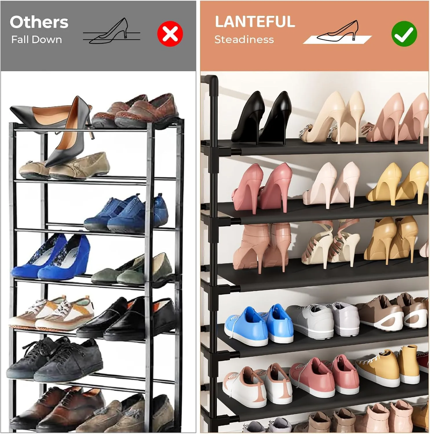 11 Tiers Tall Shoe Rack Holds 55 Pairs of Shoes with 18pcs Hooks Sturdy Wide Shoe Organizer Storage Free Standing Metal Shoe Shelf for Closet, Entryway Black