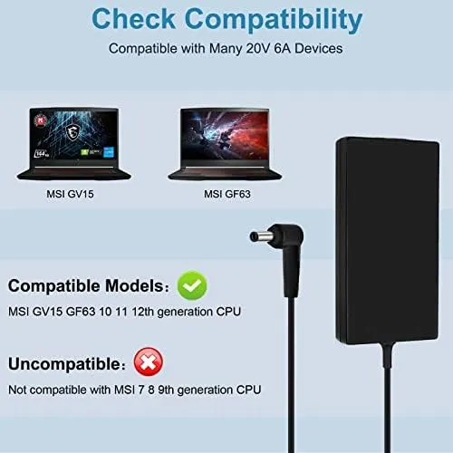 120W Charger for msi Laptop Charger msi gf63 gv15 GV15-Thin-11SC GF63 Thin 10 11 12Th Intel core Laptop ms-16r5 ms-16r6 ms-16r7 adp-120vh d a17-120p2a