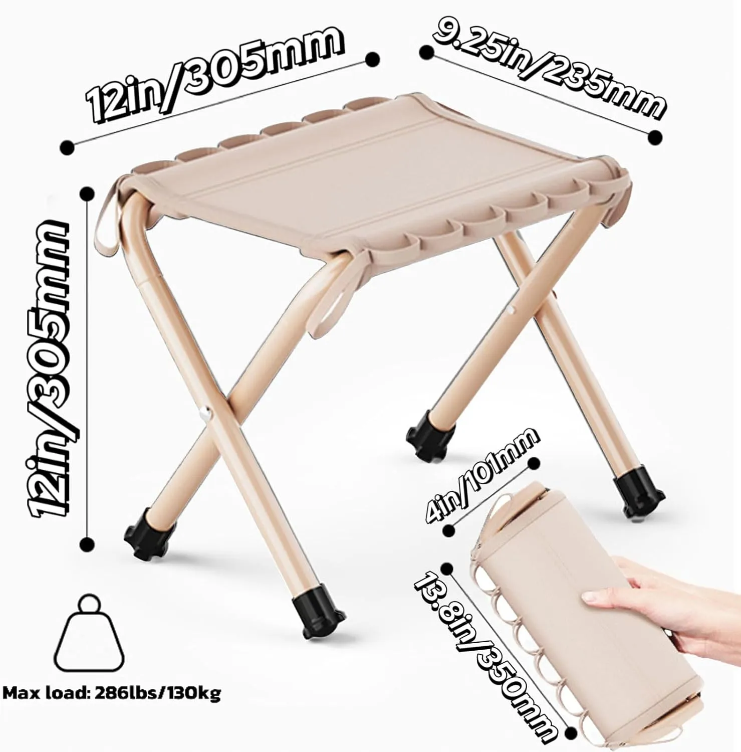 12inch Mini Portable Folding Stool, Camping Fishing Stool Suitable for Adult Fishing, Outdoor Hiking, Garden and Beach, Hold Up to 286 LBS with Carry Bag (Khaki)