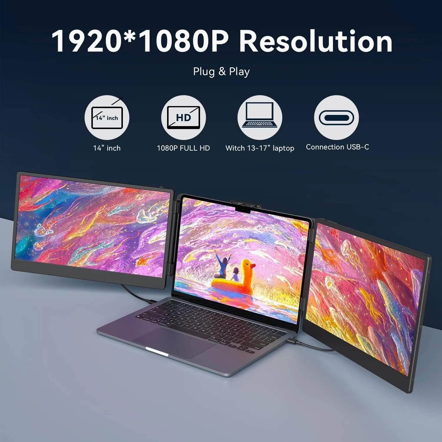 14’’ Triple Laptop Screen Extender, 1080P FHD Portable Dual Monitor for Laptop USB C HDMI, Plug-Play Laptop Monitor Extender for Triple Display for Mac/Windows, Fit 13”-17.3” Laptops