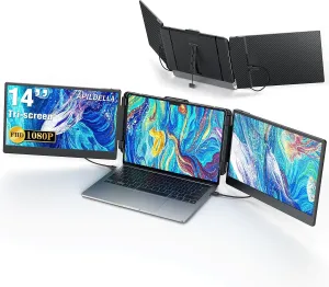 14’’ Triple Laptop Screen Extender, 1080P FHD Portable Dual Monitor for Laptop USB C HDMI, Plug-Play Laptop Monitor Extender for Triple Display for Mac/Windows, Fit 13”-17.3” Laptops