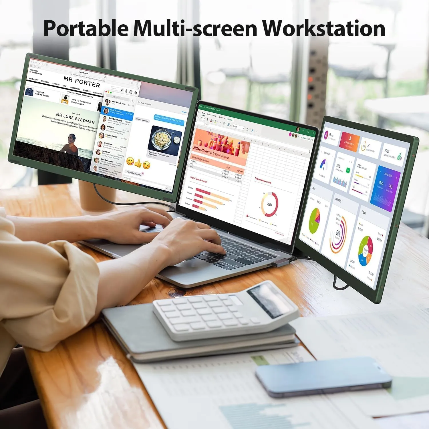 14’’ Triple Laptop Screen Extender, 1080P FHD Portable Dual Monitor for Laptop USB C HDMI, Plug-Play Laptop Monitor Extender for Triple Display for Mac/Windows, Fit 13”-17.3” Laptops