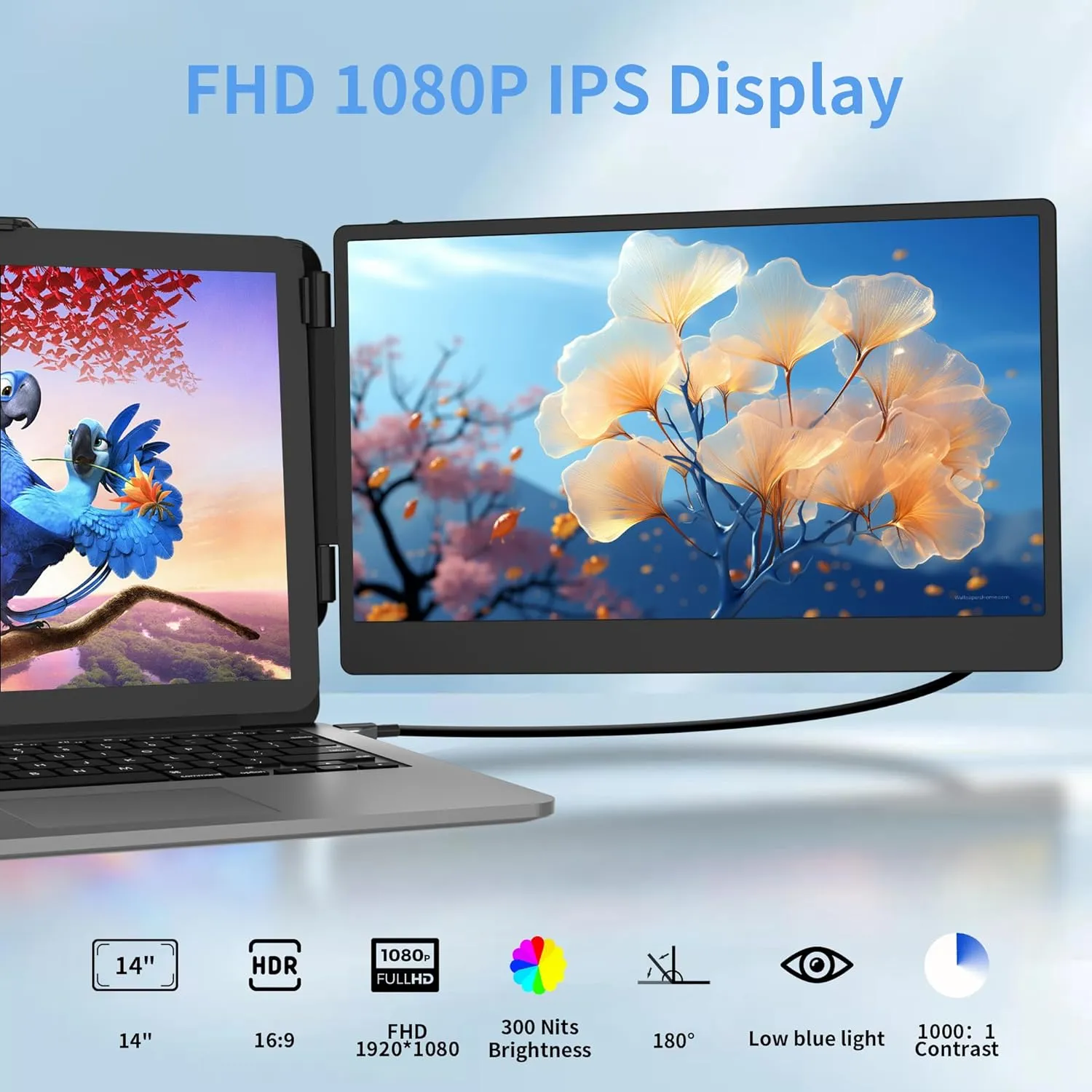 14" Laptop Screen Extender, FHD 1080P IPS Dual Screen Laptop Monitor Extender, Portable Monitor for Laptops 13-17.3" Compatible with Win/Mac/Android/Switch