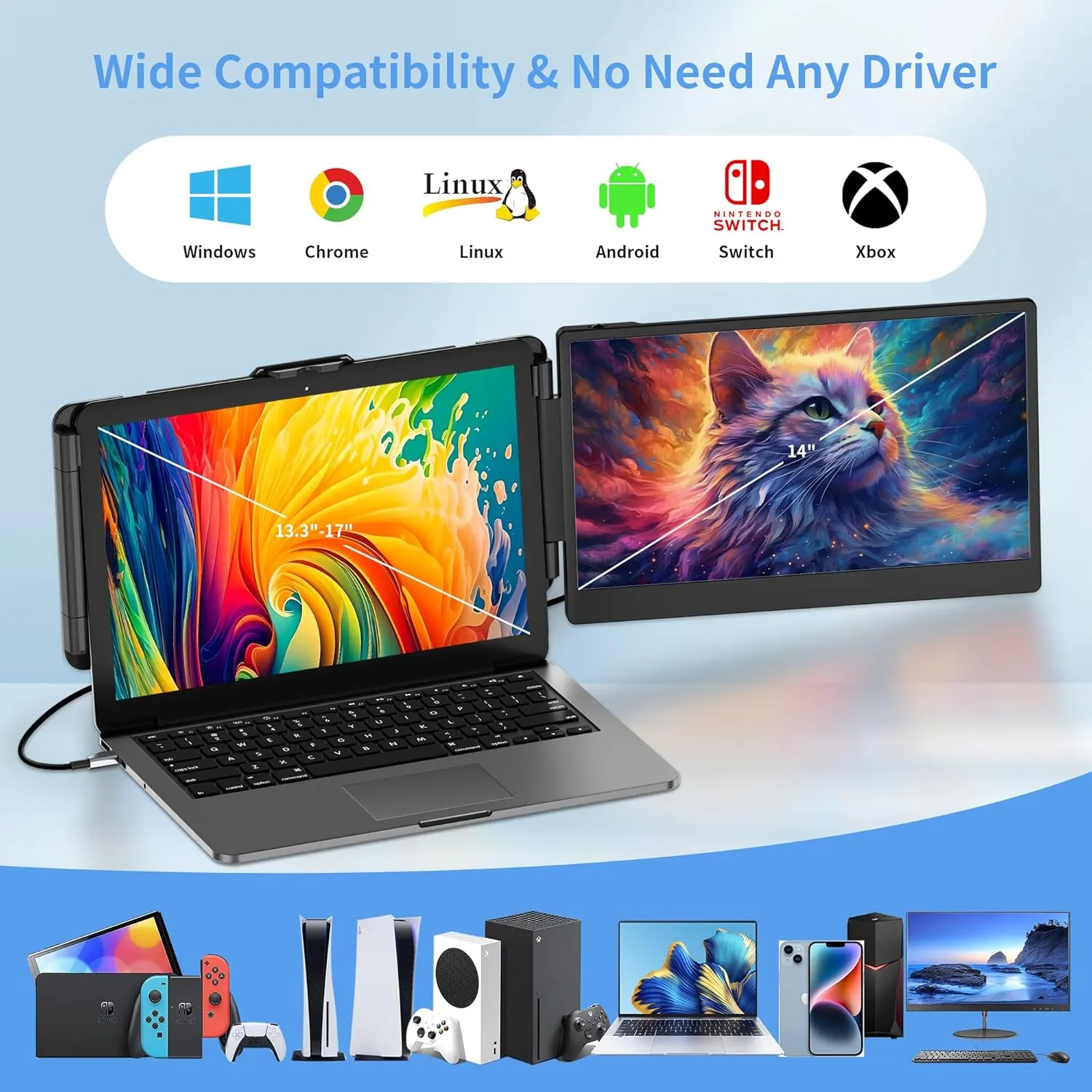14" Laptop Screen Extender, FHD 1080P IPS Dual Screen Laptop Monitor Extender, Portable Monitor for Laptops 13-17.3" Compatible with Win/Mac/Android/Switch