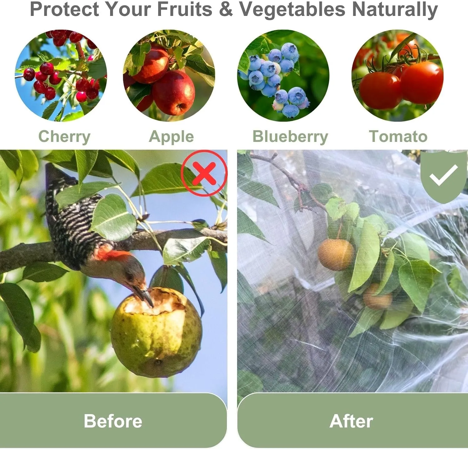 15ft x 15ft Fruit Tree Netting Cover with Zipper & Drawstring, Insect Bird Barrier Netting for Garden Protection, Ultra Fine Mesh Garden Netting, Extra Large