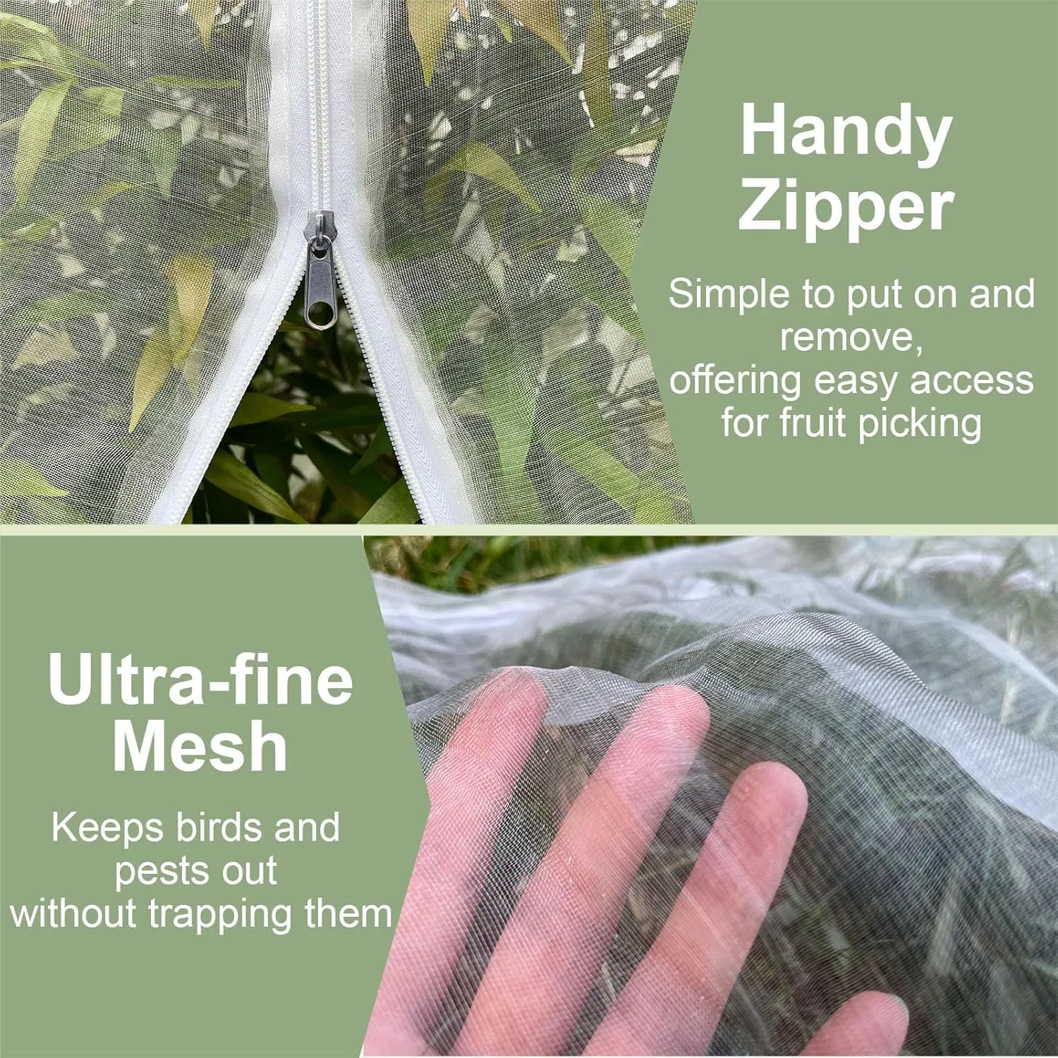 15ft x 15ft Fruit Tree Netting Cover with Zipper & Drawstring, Insect Bird Barrier Netting for Garden Protection, Ultra Fine Mesh Garden Netting, Extra Large