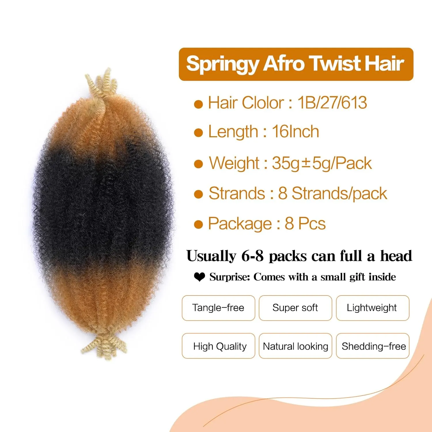 16 Inch Spring Twist Hair 8 Packs Spring Afro Twist Hair for Kinky Soft Locs Synthetic Marley Twist Braiding Hair Extensions for Black Women Cuban Twist Hair(16 Inch,8Pack,1B/27/613)