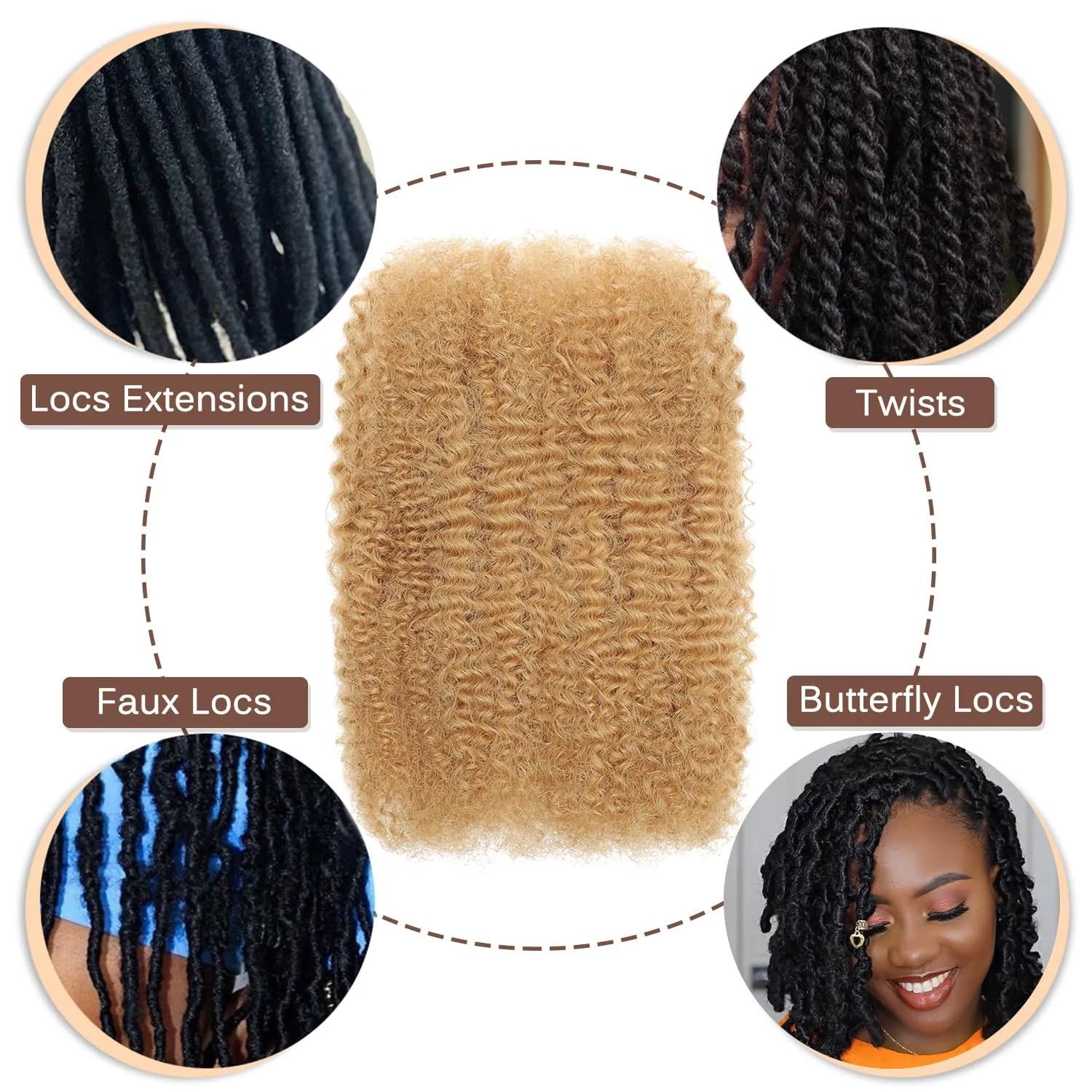 18Inch Afro Kinkys Bulk Human Hair 35g/Pack, Braiding Hair for Dreadlocks, Loc Repair, Twists, Dreadlock Extensions, Honey Blonde