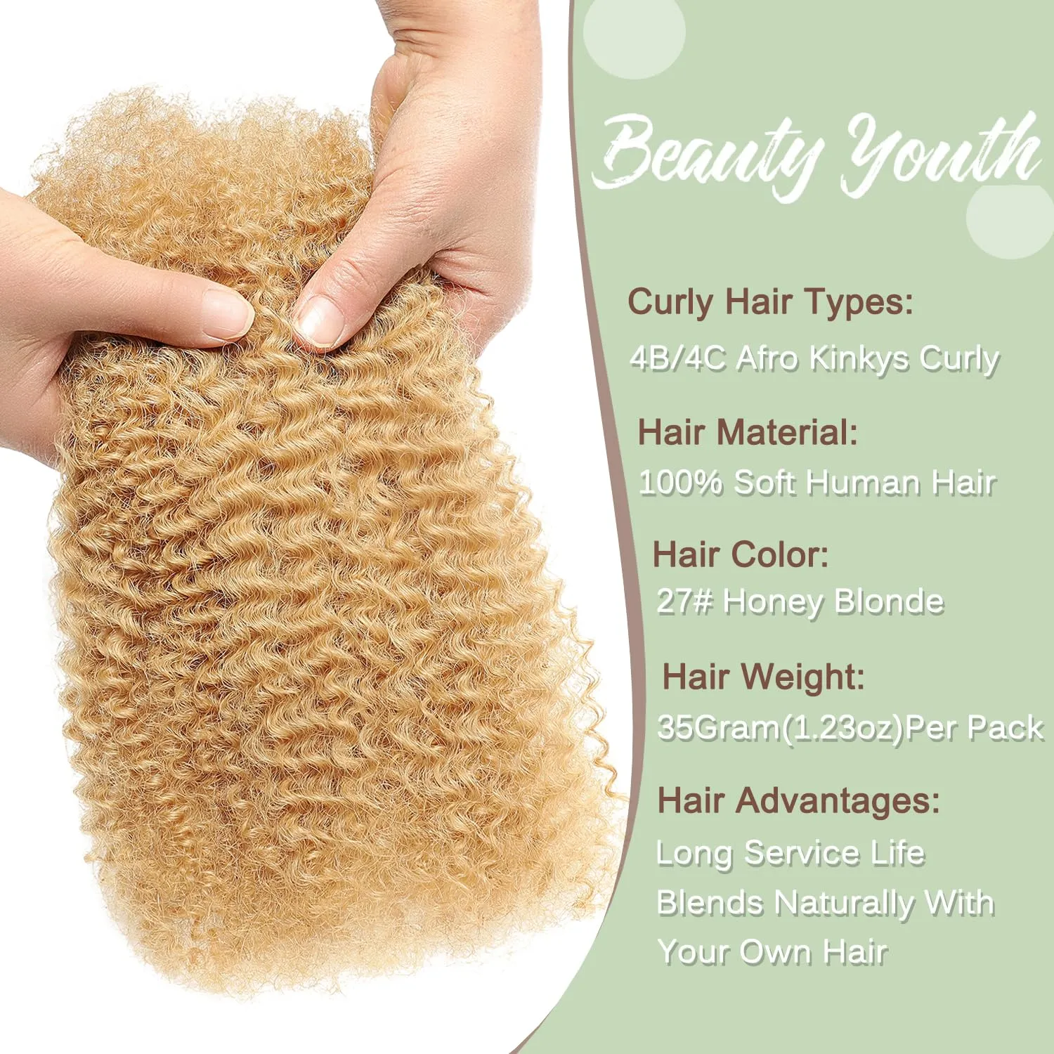 18Inch Afro Kinkys Bulk Human Hair 35g/Pack, Braiding Hair for Dreadlocks, Loc Repair, Twists, Dreadlock Extensions, Honey Blonde