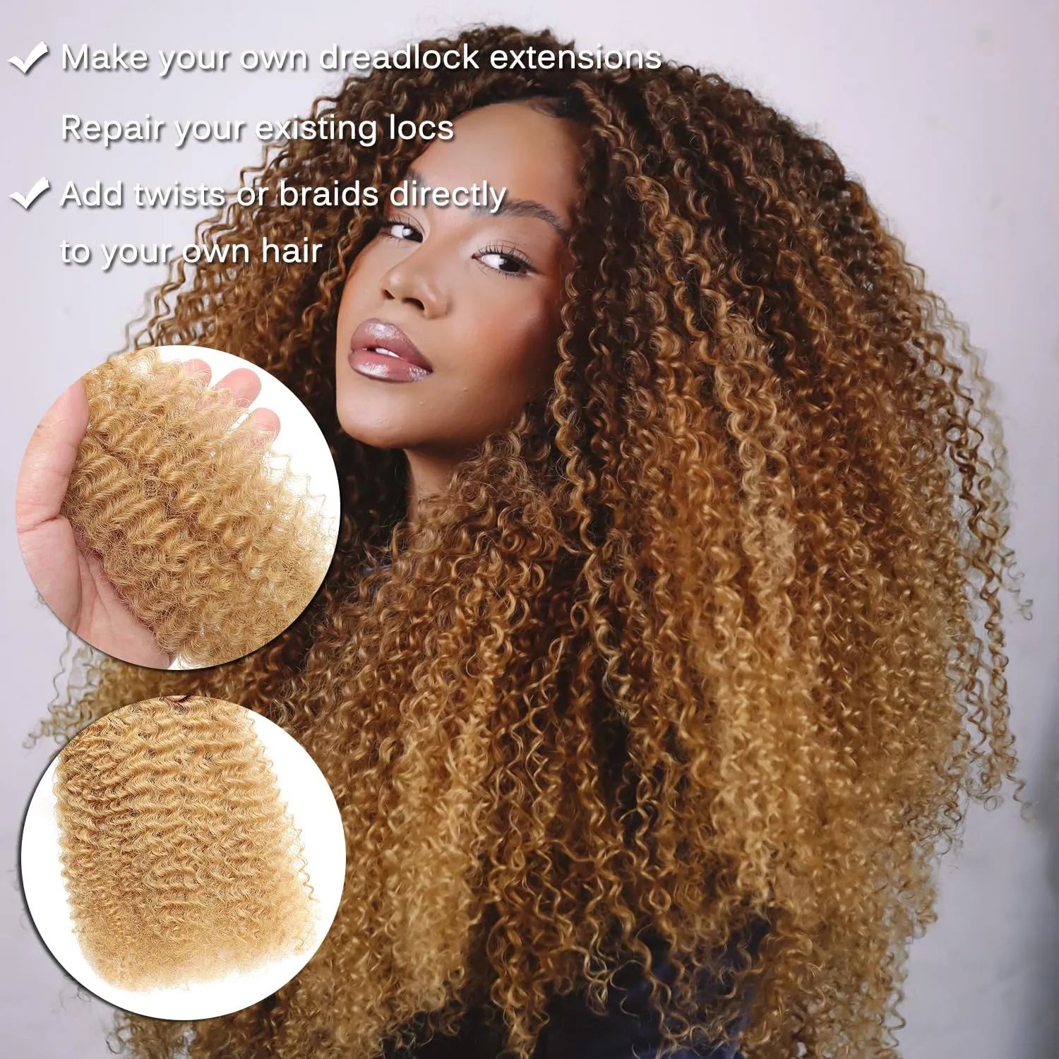 18Inch Afro Kinkys Bulk Human Hair 35g/Pack, Braiding Hair for Dreadlocks, Loc Repair, Twists, Dreadlock Extensions, Honey Blonde