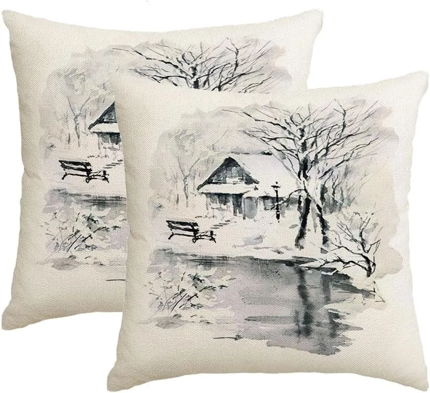 2 Packs Decorative Throw Pillow Covers 20x20 Inch for Couch Sofa Outdoor Blue Alpine Beautiful Winter Black White Fairy Landscape Cute Air Parks Alps Beauty Cabin Chalet Square Cushion Case