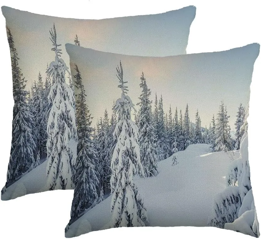 2 Packs Waterproof Linen Throw Pillow Cover, 12 x 20 Inch Tree Splendid Alpine Scenery Trees Winter Fantastic Frosty Nature Parks Outdoor Scene Forest Pine Cushion Case Decoration for Sofa Couch