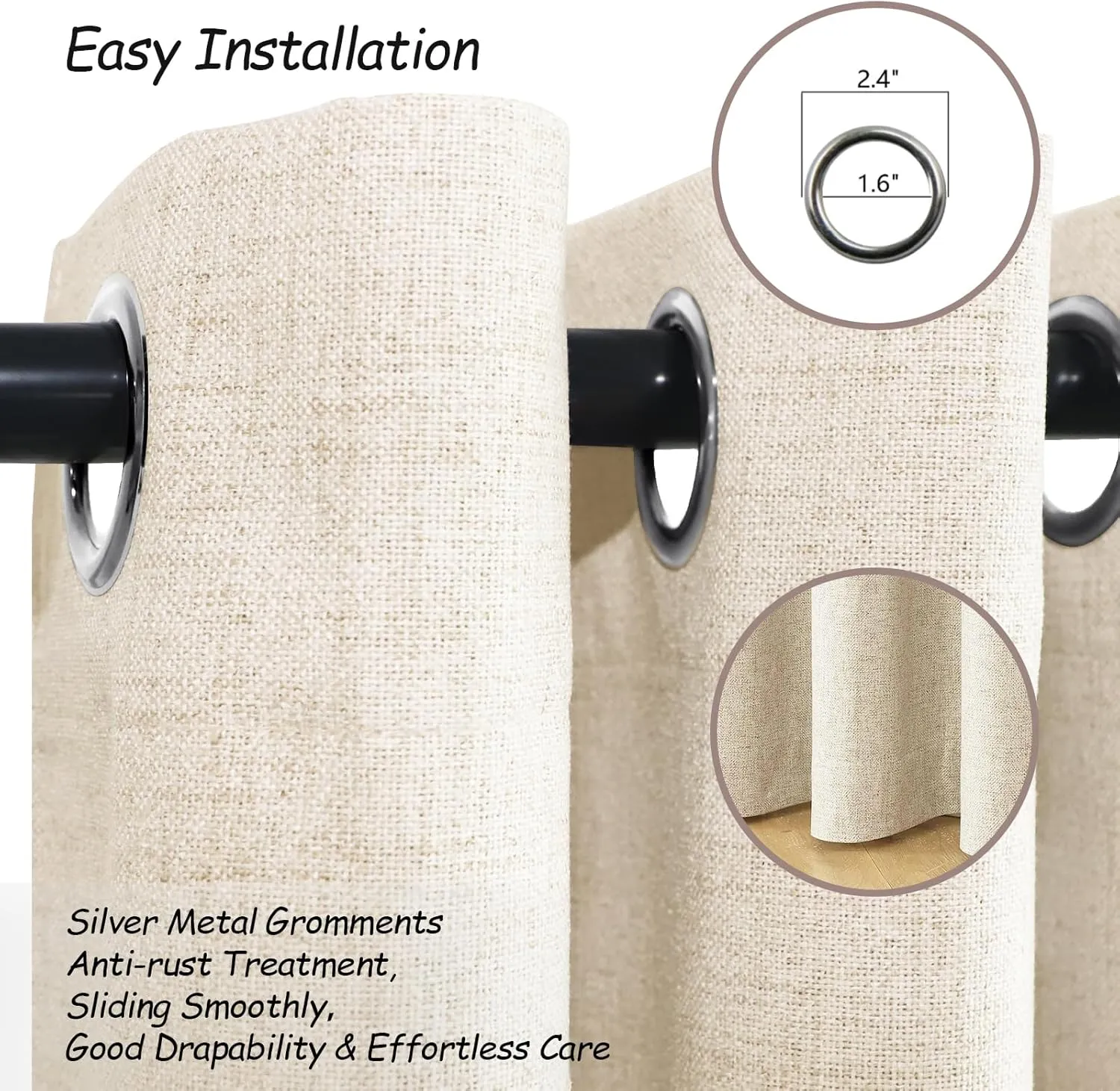 2 Panels Set 100% Blackout Cream Curtains Linen Textured 84 Inch Length Grommet Complete Blackout Drapes Darkening Thermal Insulated Curtains with White Liner for Living Room/Villa/Bedroom