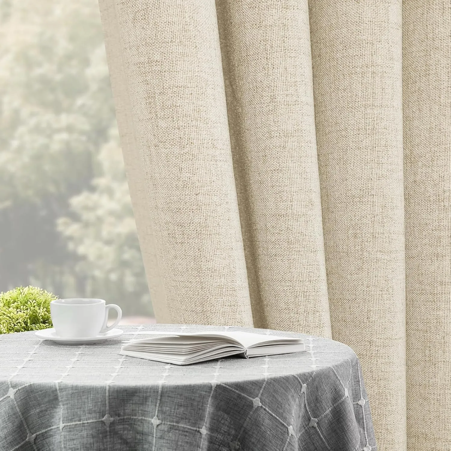 2 Panels Set 100% Blackout Cream Curtains Linen Textured 84 Inch Length Grommet Complete Blackout Drapes Darkening Thermal Insulated Curtains with White Liner for Living Room/Villa/Bedroom