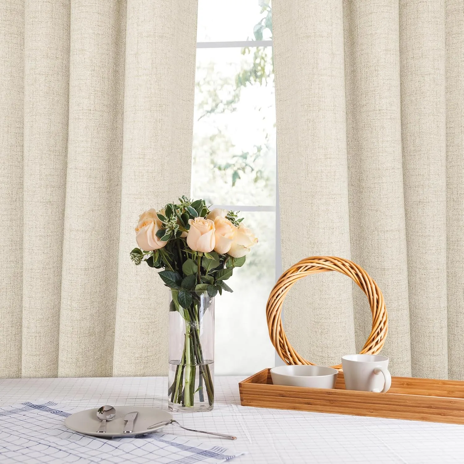 2 Panels Set 100% Blackout Cream Curtains Linen Textured 84 Inch Length Grommet Complete Blackout Drapes Darkening Thermal Insulated Curtains with White Liner for Living Room/Villa/Bedroom