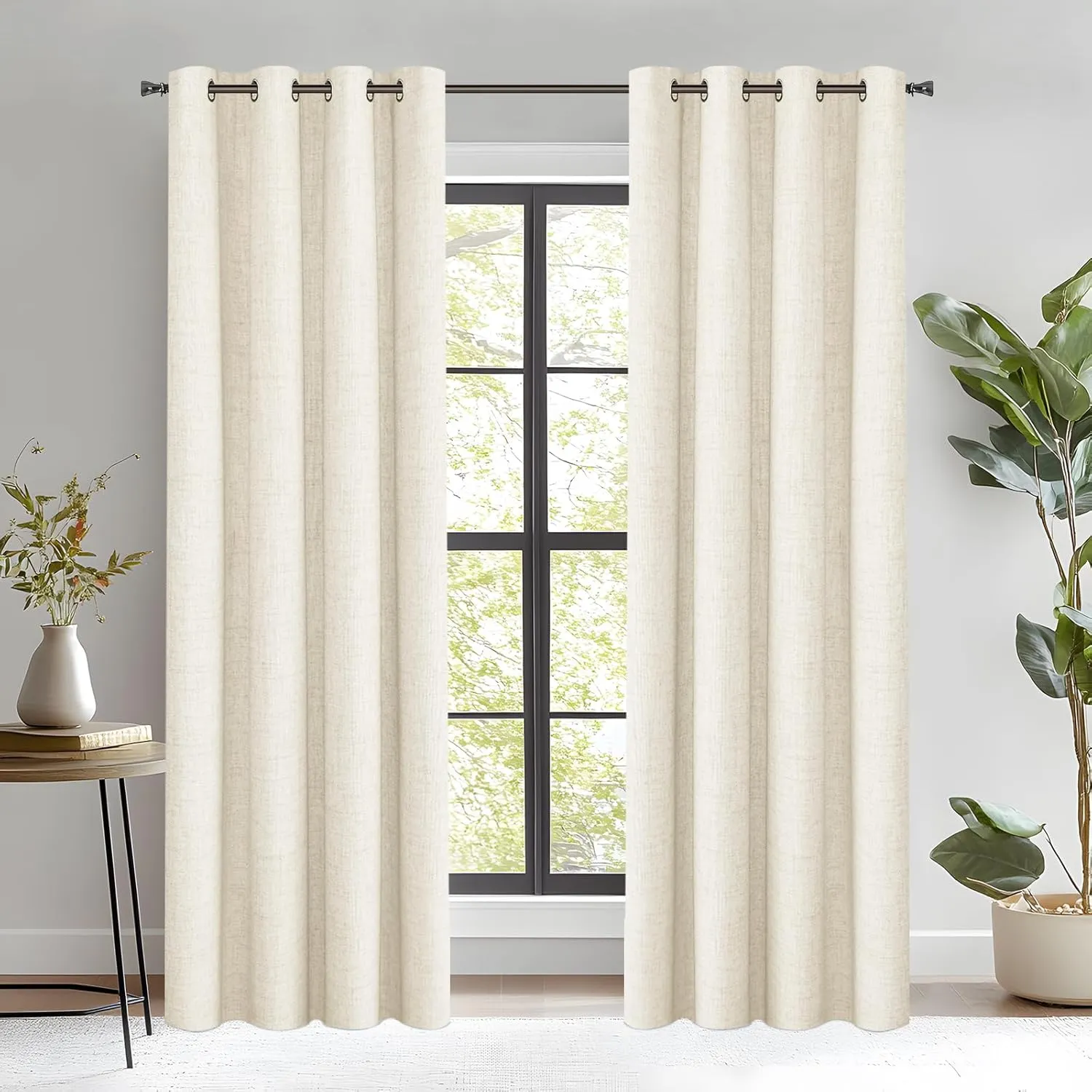 2 Panels Set 100% Blackout Cream Curtains Linen Textured 84 Inch Length Grommet Complete Blackout Drapes Darkening Thermal Insulated Curtains with White Liner for Living Room/Villa/Bedroom
