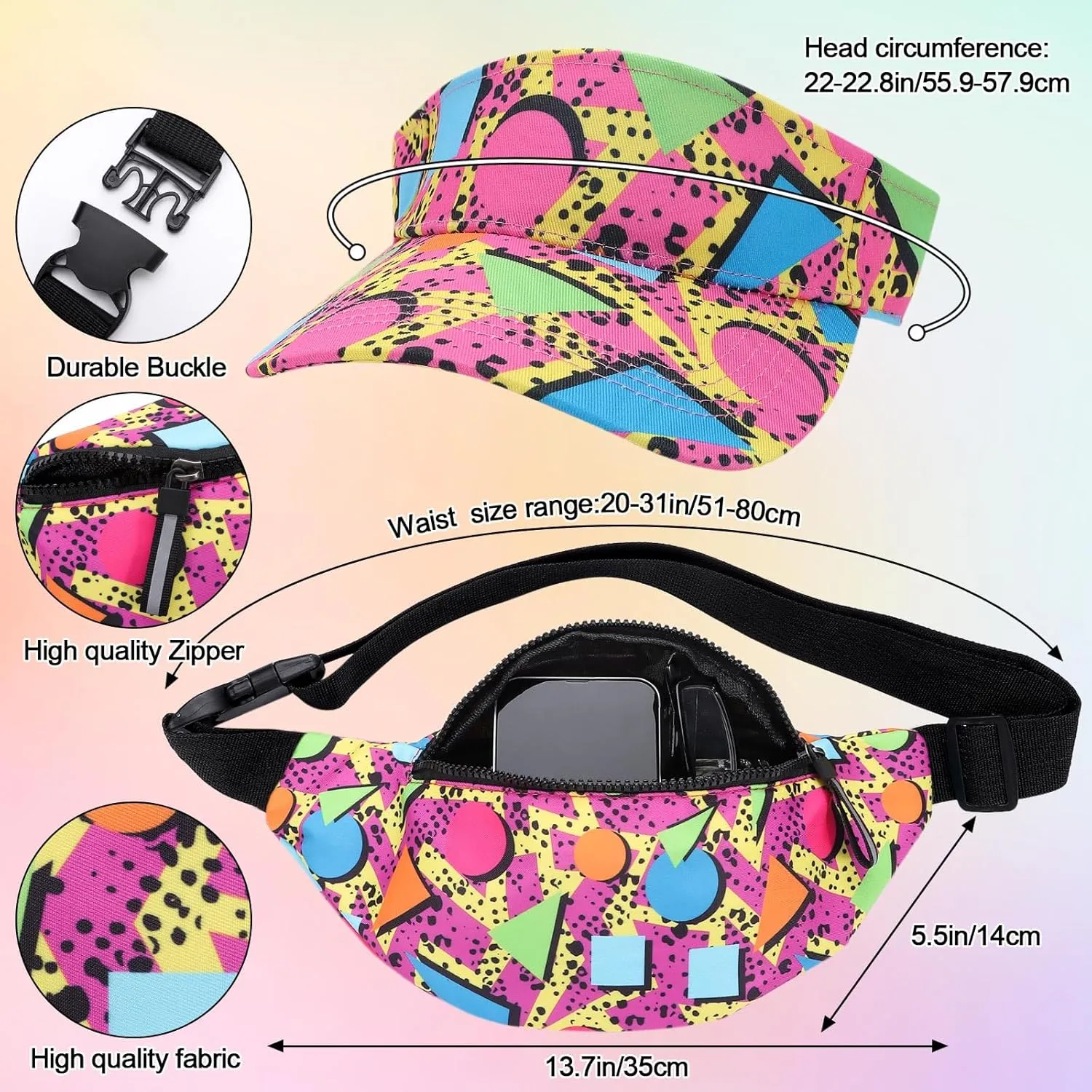 2 Pcs 80s 90s Fanny Pack Sun Visor Hat Waist Bag 80s 90s Outfit Retro Summer Sports Party Fashion Accessories for Men Women (Pink)