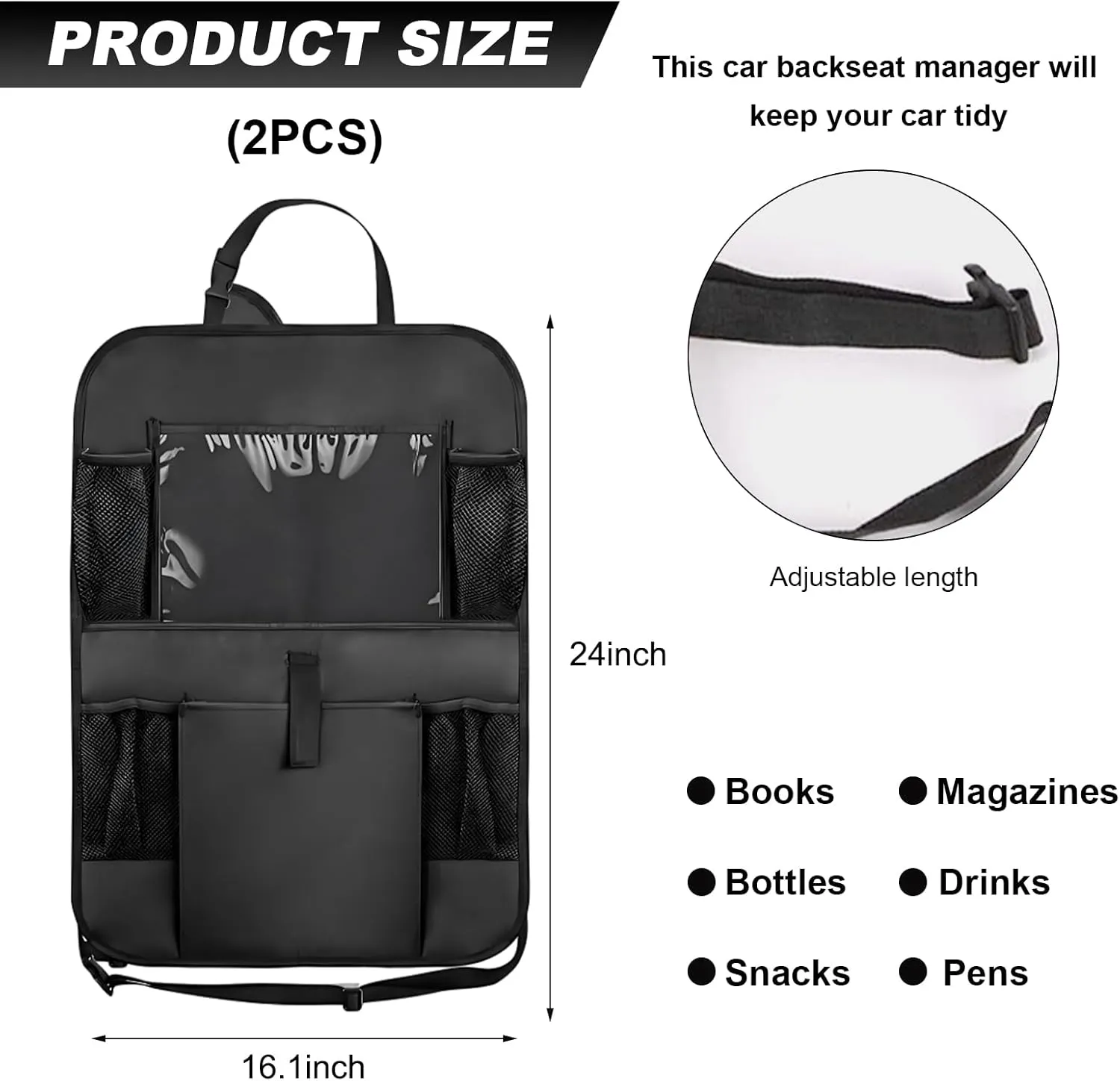2 PCS Car Backseat Organizer, Heavy Duty Seat Back Storage Bag with Touch Screen Tablet Holder, Waterproof Kick Mats Back Seat Protector for Kids Toddlers, Car Accessories (Large Pocket)