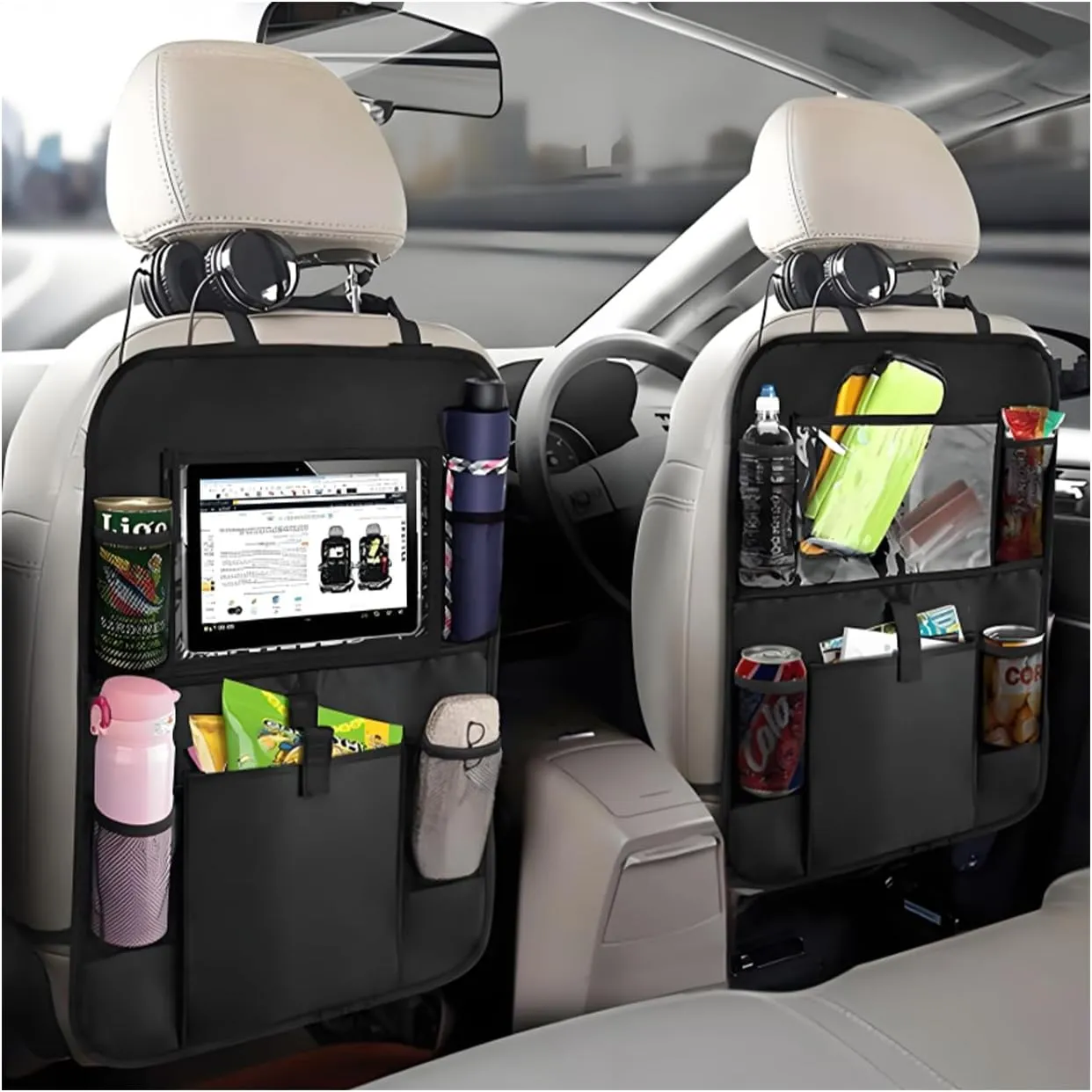 2 PCS Car Backseat Organizer, Heavy Duty Seat Back Storage Bag with Touch Screen Tablet Holder, Waterproof Kick Mats Back Seat Protector for Kids Toddlers, Car Accessories (Large Pocket)