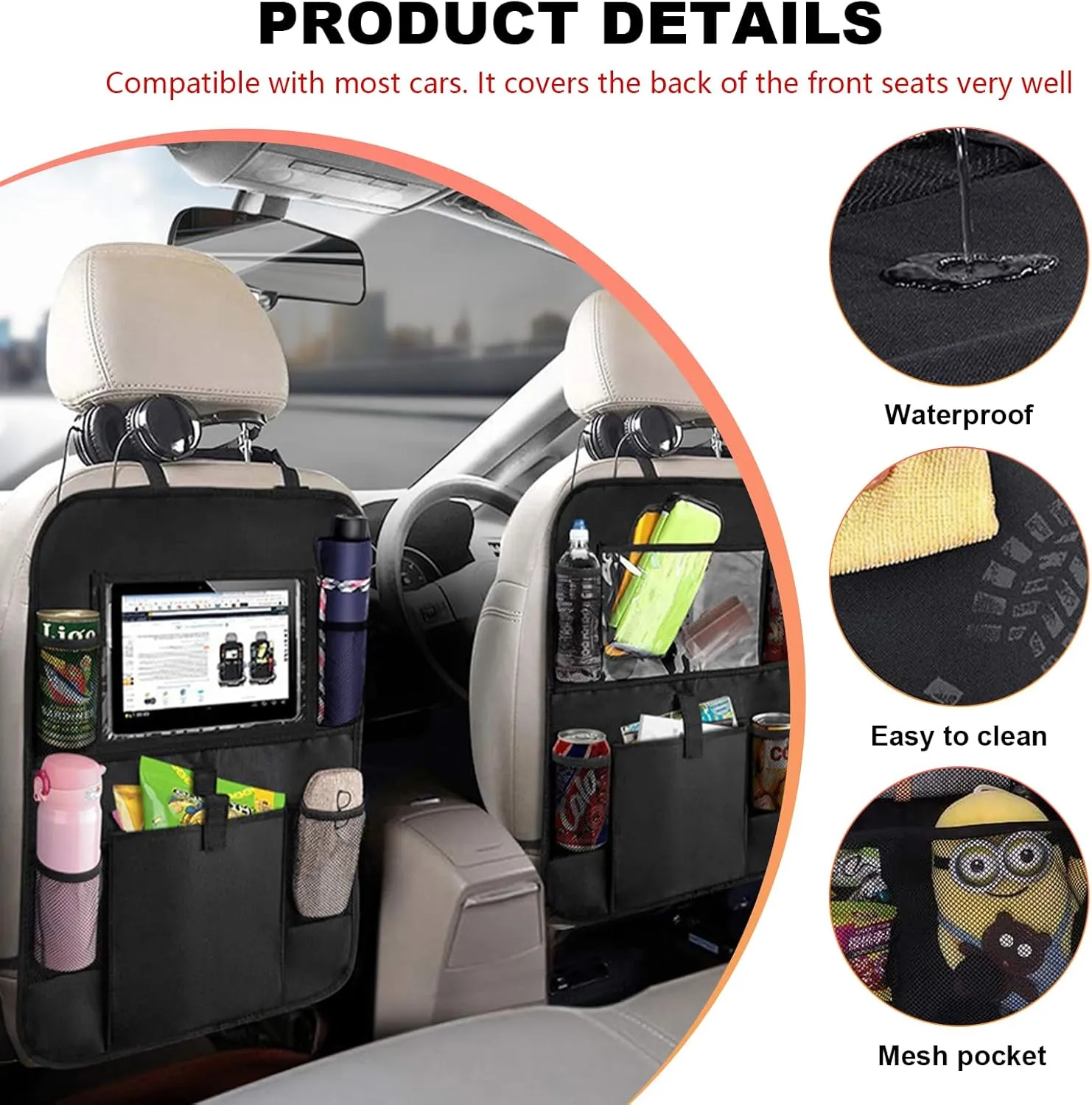 2 PCS Car Backseat Organizer, Heavy Duty Seat Back Storage Bag with Touch Screen Tablet Holder, Waterproof Kick Mats Back Seat Protector for Kids Toddlers, Car Accessories (Large Pocket)