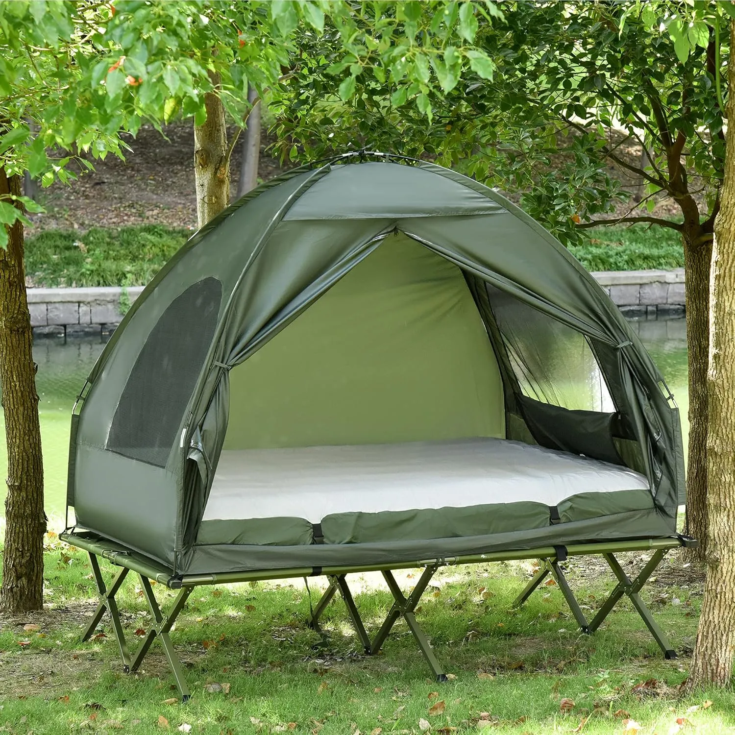 2 Person Camping Cot with Tent & Air Mattress - 4-in-1 Foldable Elevated Camping Bed Set for Outdoor Hiking Picnic Travel Includes Bedspread & Pump