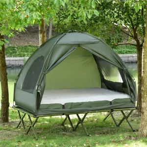 2 Person Camping Cot with Tent & Air Mattress - 4-in-1 Foldable Elevated Camping Bed Set for Outdoor Hiking Picnic Travel Includes Bedspread & Pump