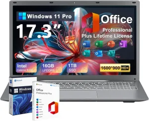2025 Laptop 17 17.3 Inch HD  for Students and Business, 16GB DDR5 RAM, 1TB SSD, Intel 4-Core N100(Beat to i3-1115G4, Up to 3.4GHz), Backlit Keyboard, Fingerprint, Type-C, MS Office, Windows 11 Pro