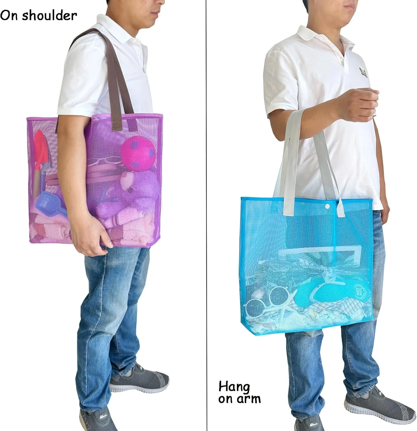 2Pack Large lightweight Simple Mesh Beach Tote Bag With snap Button Reusable Pool Bag for Outdoor Travel Shopping Gym