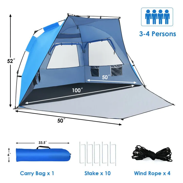 3-4 Person Easy Pop-Up Beach Tent UPF 50  Portable Sun Shelter--Blue