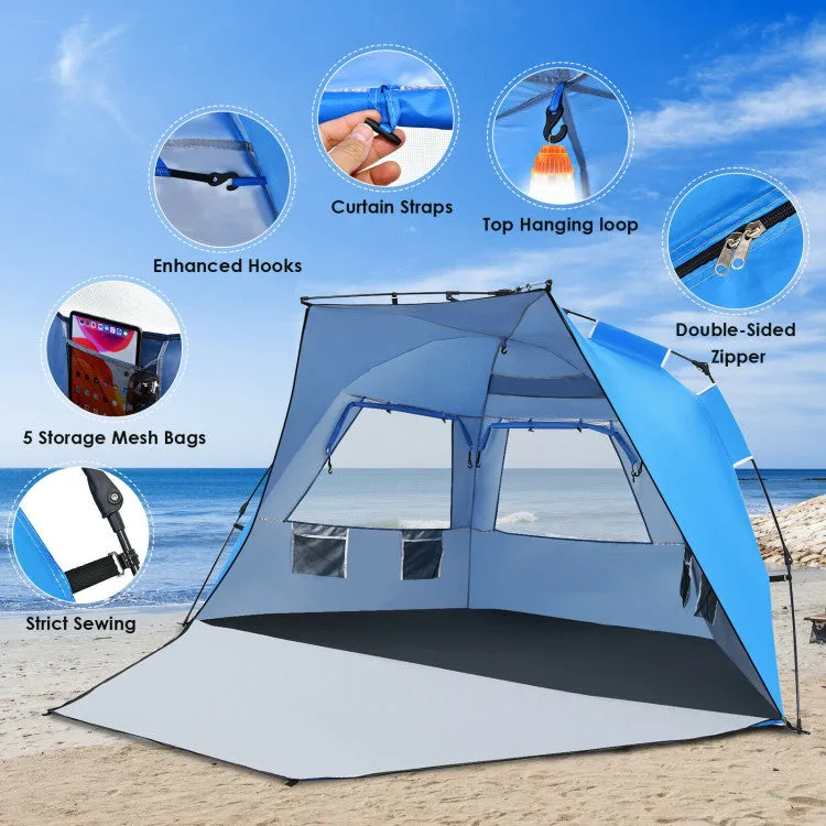 3-4 Person Easy Pop-Up Beach Tent UPF 50  Portable Sun Shelter--Blue