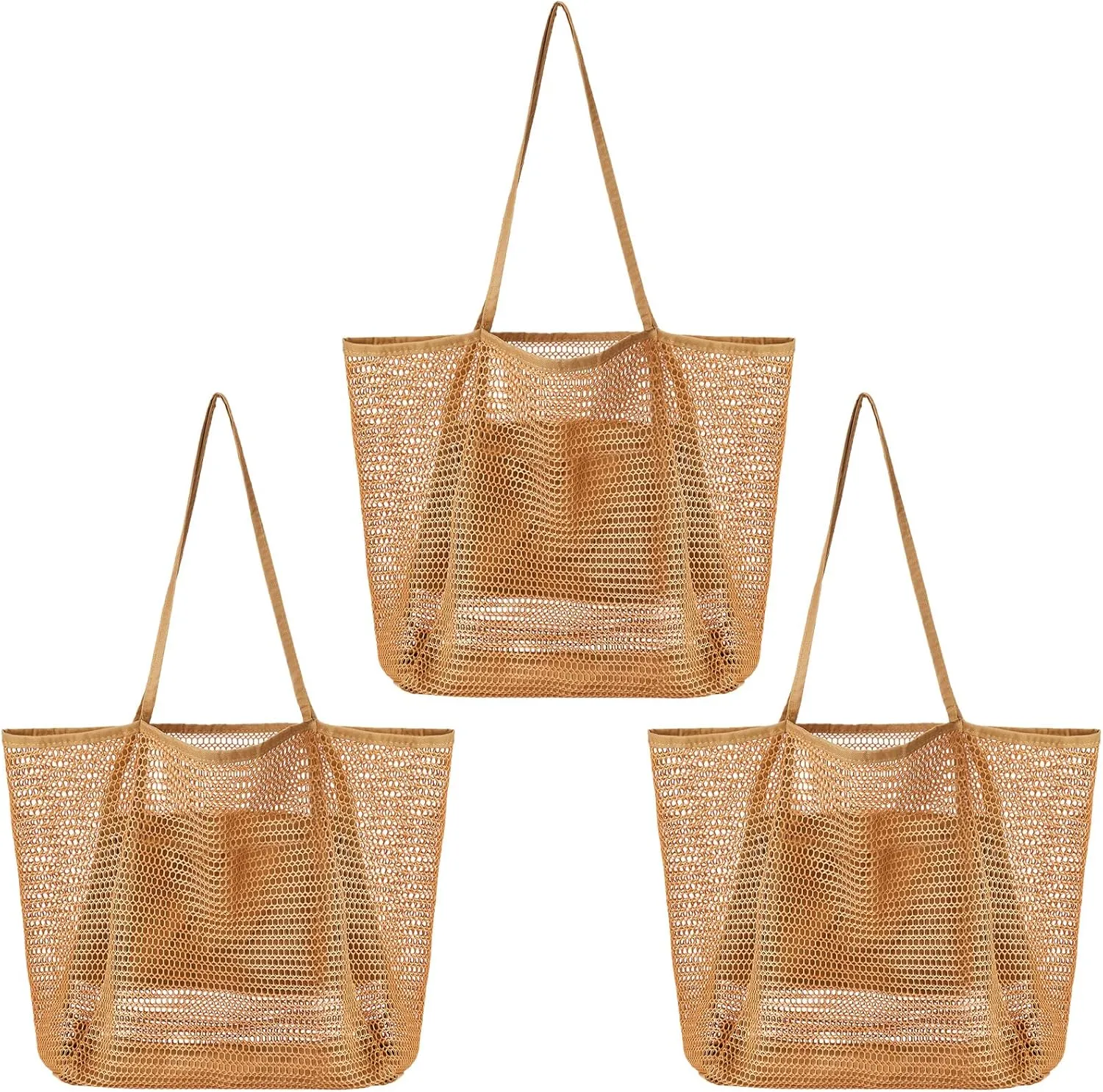 3 Pcs Mesh Beach Tote Bag Women with Pocket Foldable Beach Bag Tote Shoulder Handbag Khaki Mesh Tote Bag for Picnic Vacation Pool Trip, 15.55 x 13.78 x 6.69 Inch