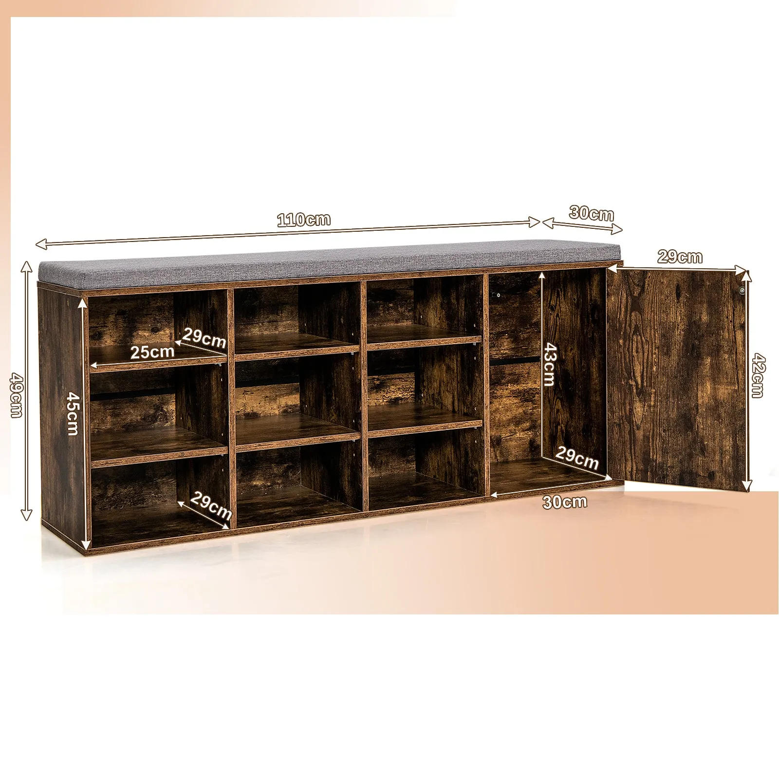 3-Tier Entryway Shoe Storage Bench with Padded Cushion-Rustic Brown