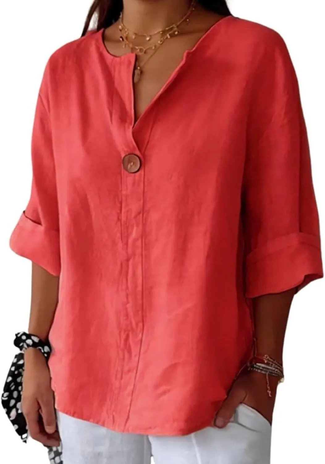 3/4 Sleeve Spring Tops for Women Summer Casual Loose Comfy V Neck Pullover Tops Beach Vacation Linen Shirts Blouses