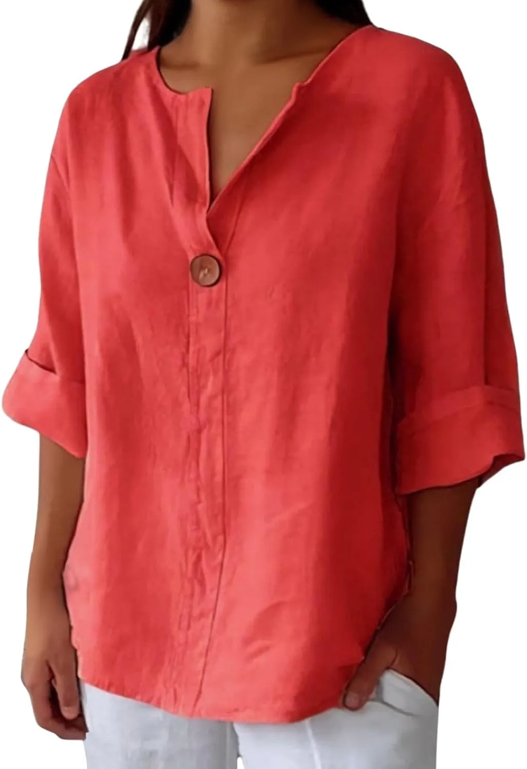 3/4 Sleeve Spring Tops for Women Summer Casual Loose Comfy V Neck Pullover Tops Beach Vacation Linen Shirts Blouses