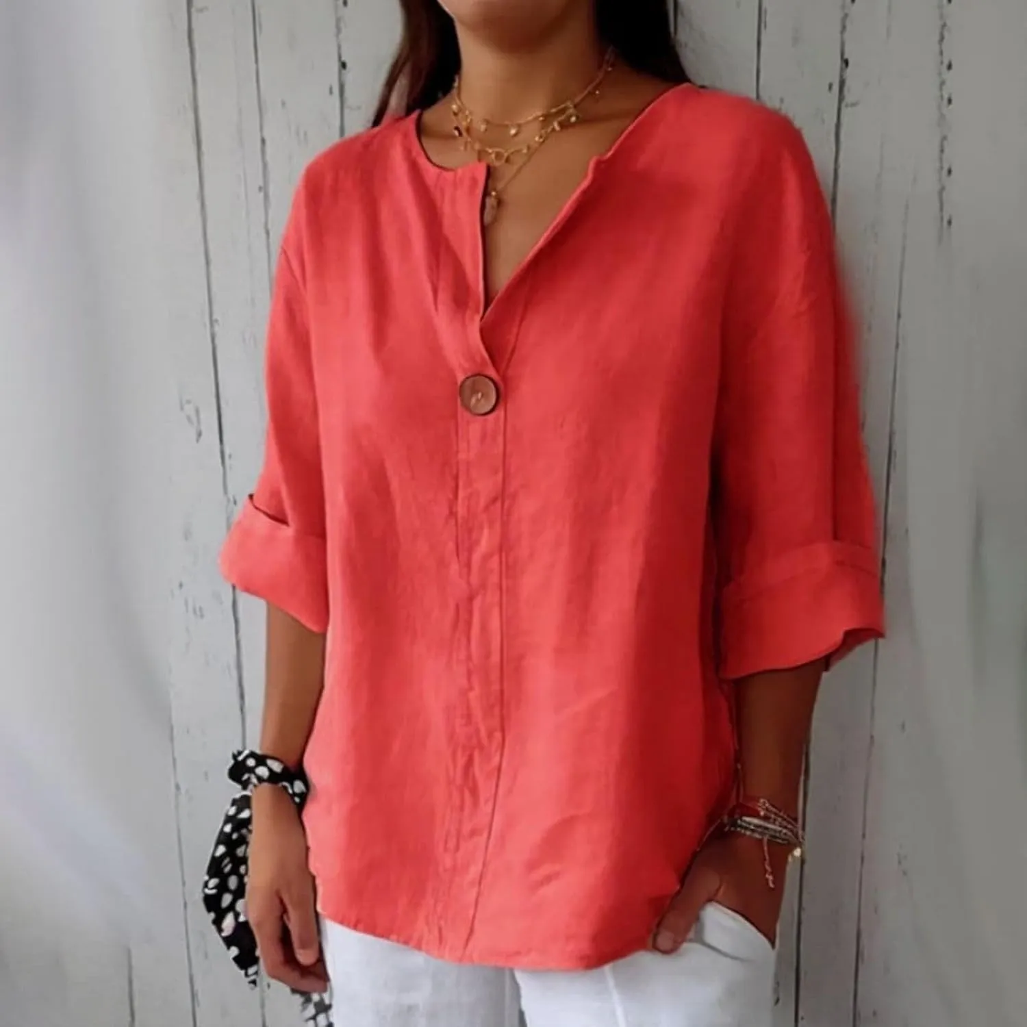 3/4 Sleeve Spring Tops for Women Summer Casual Loose Comfy V Neck Pullover Tops Beach Vacation Linen Shirts Blouses