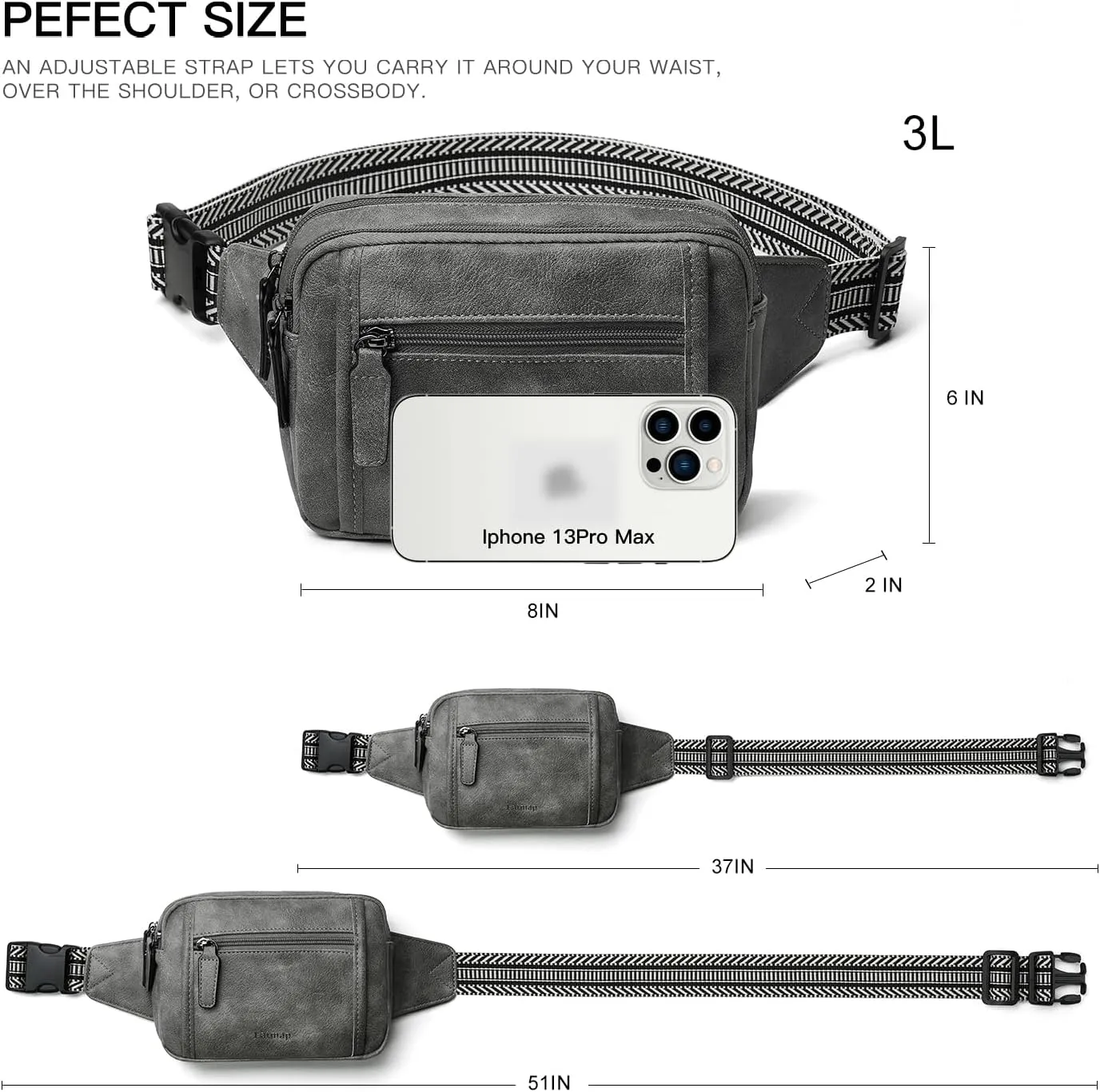 3L TRIPLE ZIP Fanny Packs Belt Bag For Women Men Crossbody Waist Pack Sling Chest Bum Travel Bag Purse Faux Leather Fashion Cute Dark Grey