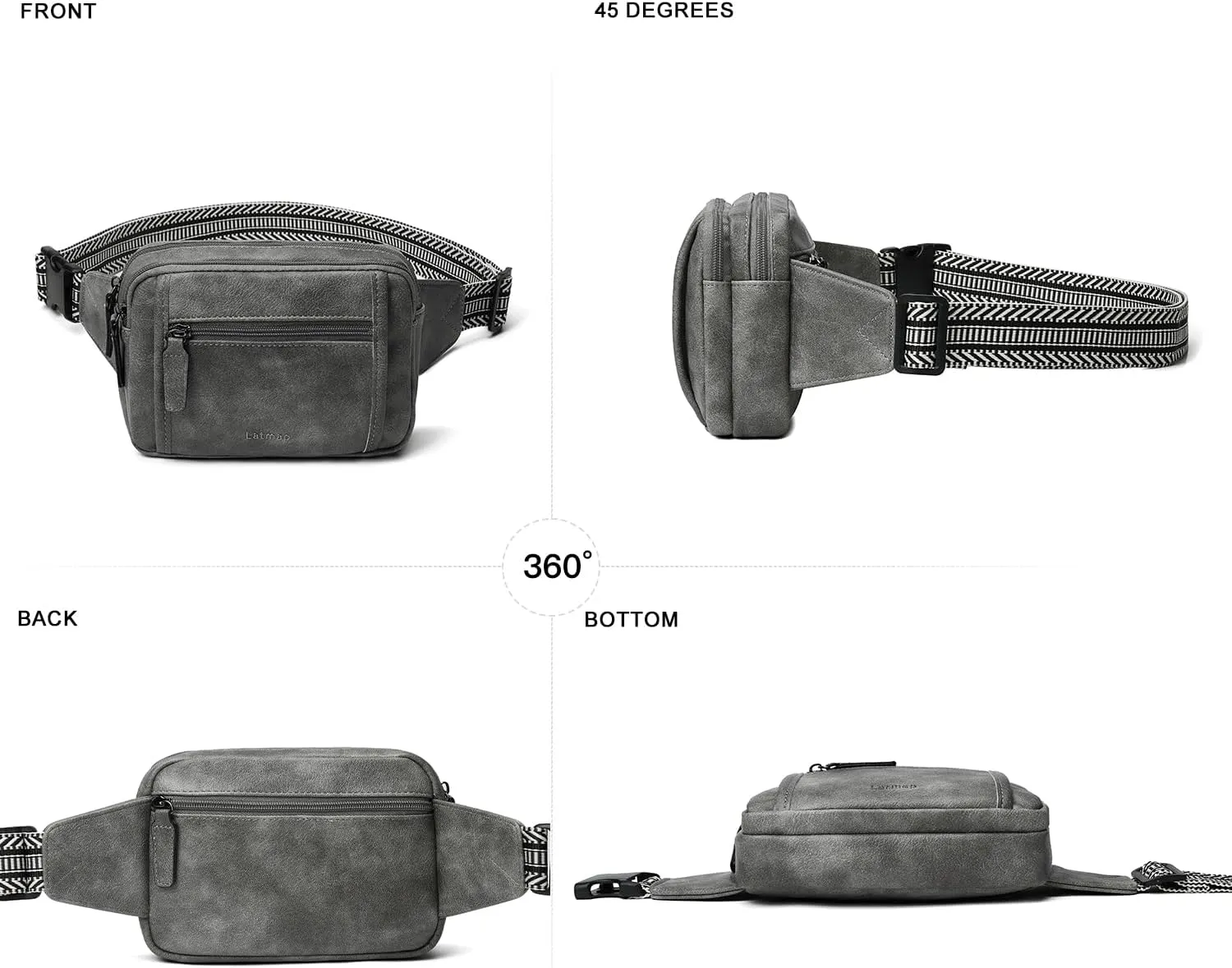 3L TRIPLE ZIP Fanny Packs Belt Bag For Women Men Crossbody Waist Pack Sling Chest Bum Travel Bag Purse Faux Leather Fashion Cute Dark Grey