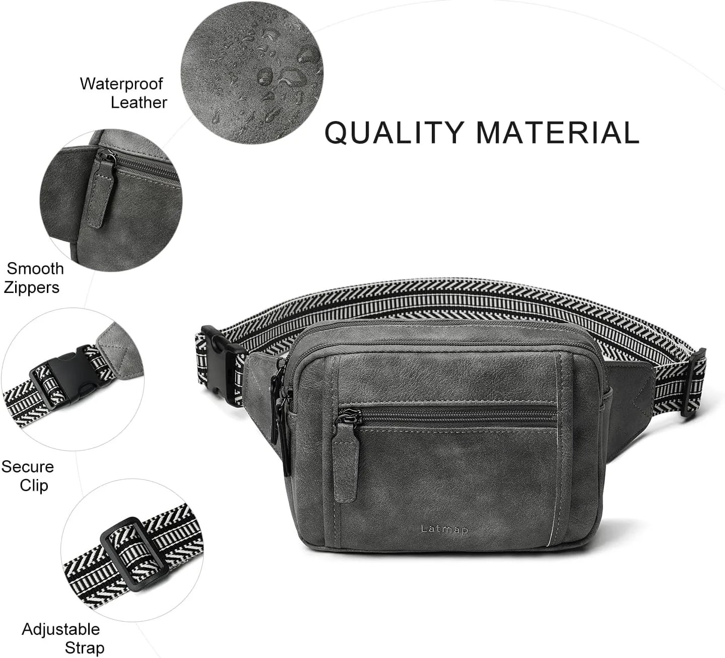 3L TRIPLE ZIP Fanny Packs Belt Bag For Women Men Crossbody Waist Pack Sling Chest Bum Travel Bag Purse Faux Leather Fashion Cute Dark Grey
