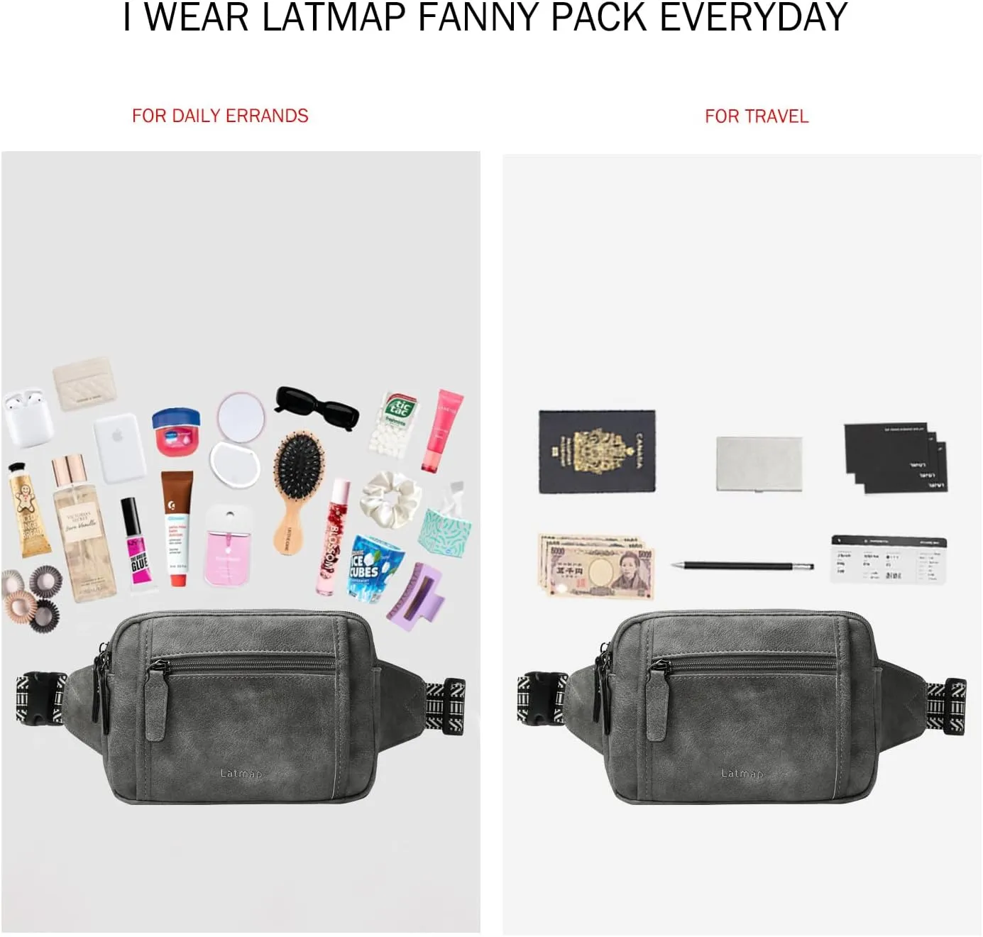 3L TRIPLE ZIP Fanny Packs Belt Bag For Women Men Crossbody Waist Pack Sling Chest Bum Travel Bag Purse Faux Leather Fashion Cute Dark Grey