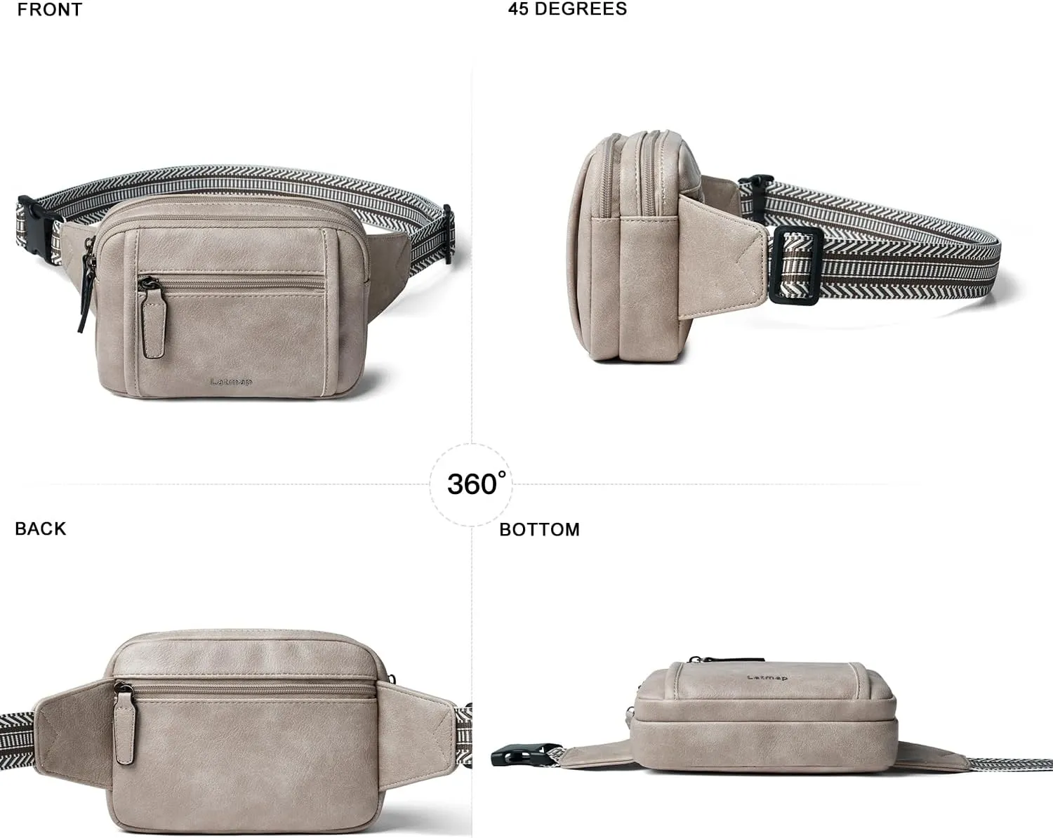 3L TRIPLE ZIP Fanny Packs Belt Bag For Women Men Crossbody Waist Pack Sling Chest Bum Travel Bag Purse Faux Leather Fashion Cute Grey