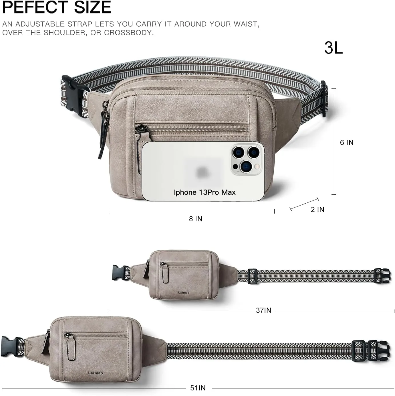 3L TRIPLE ZIP Fanny Packs Belt Bag For Women Men Crossbody Waist Pack Sling Chest Bum Travel Bag Purse Faux Leather Fashion Cute Grey