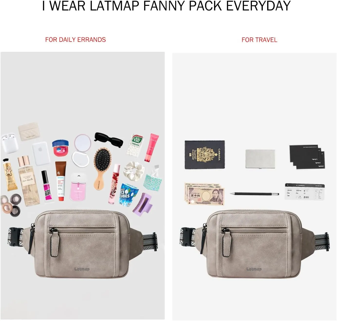 3L TRIPLE ZIP Fanny Packs Belt Bag For Women Men Crossbody Waist Pack Sling Chest Bum Travel Bag Purse Faux Leather Fashion Cute Grey